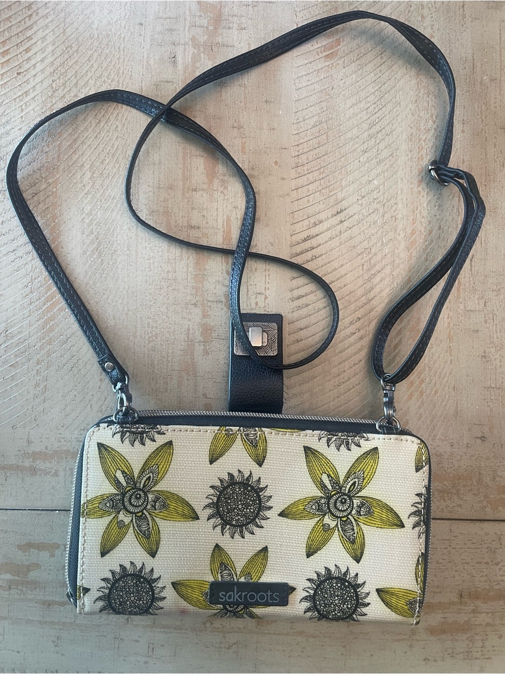 Sakroots Yellow Floral Crossbody Wallet with Black Strap